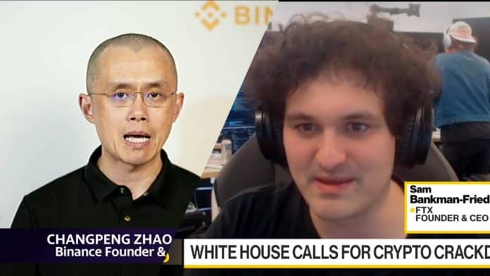 Changpeng Zhao da Binance e Sam Bankman-Fried da FTX falando sobre regulamentação das criptomoedas.