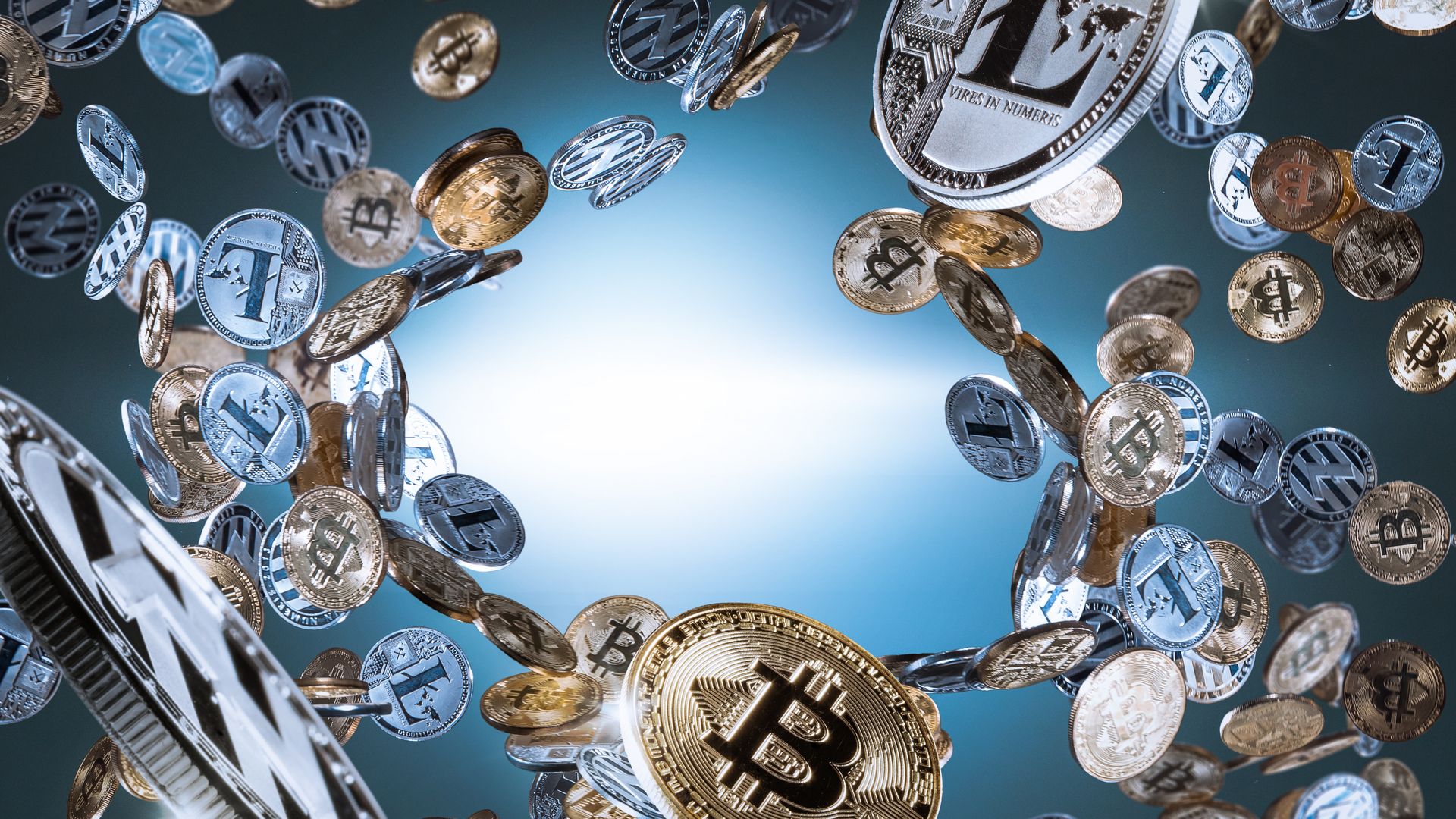 Criptomoedas voando.