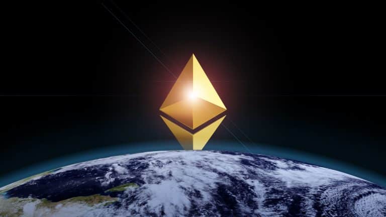 Logotipo do Ethereum surgindo no horizonte.