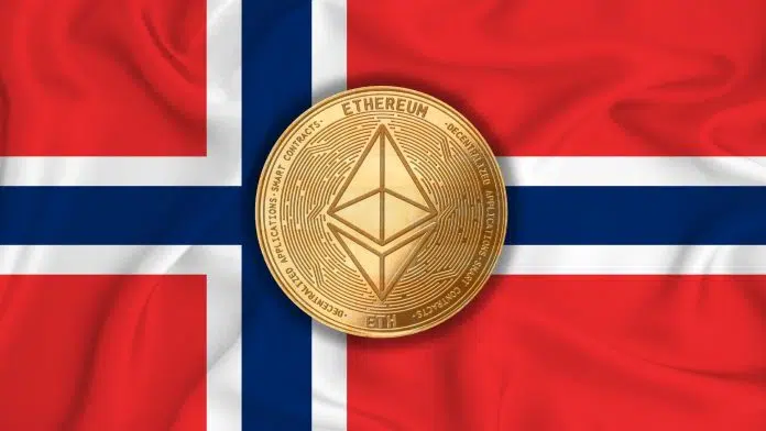 Bandeira da Noruega e moeda de Ethereum.