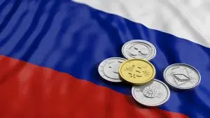 Criptomoedas sobre bandeira da Rússia.