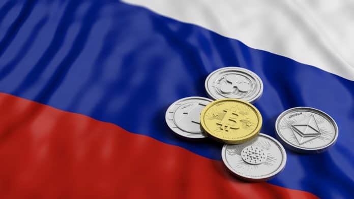 Criptomoedas sobre bandeira da Rússia.