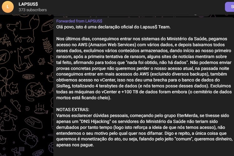 Grupo hacker Lapsus afirmava que queria apenas lucrar com suas atividades após ataque ao Ministério da Saúde