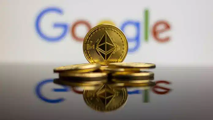 Logotipo do Google e moedas físicas de Ethereum.