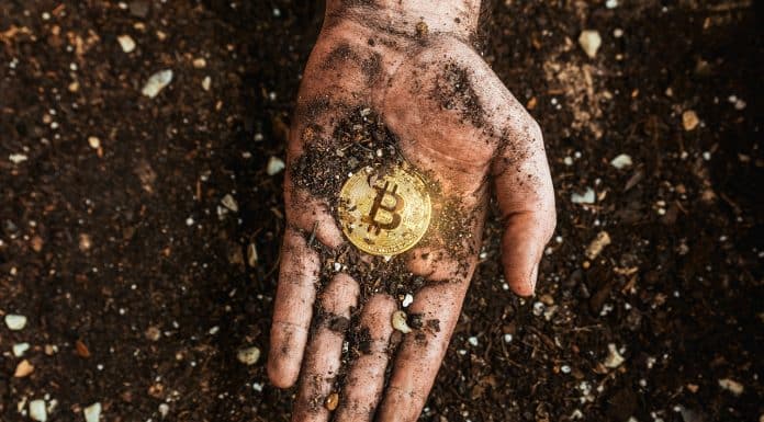 Mão segurando bitcoin - minerador
