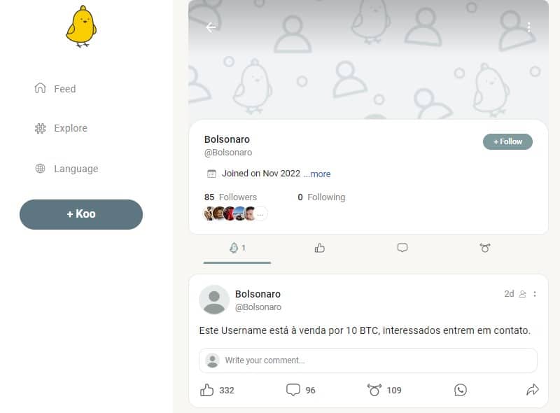 Usuário Bolsonaro a venda por 10 bitcoins na rede social Koo, que se diz a sucessora do Twitter