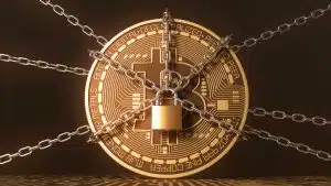 Bitcoin preso por correntes.