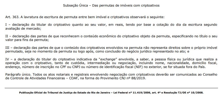 CGJ do Rio de Janeiro aprova normas de permuta de imóveis com criptomoedas