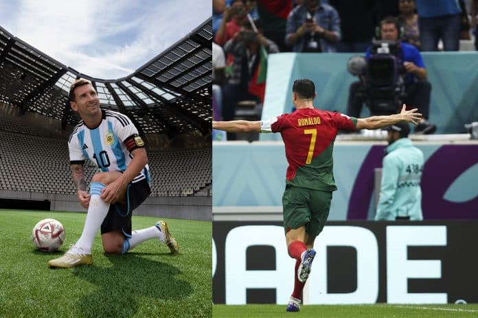 Cristiano Ronaldo correndo em campo, ao lado de Messi arrumando meia