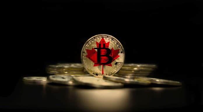 Bandeira do Canadá em moeda de Bitcoin.