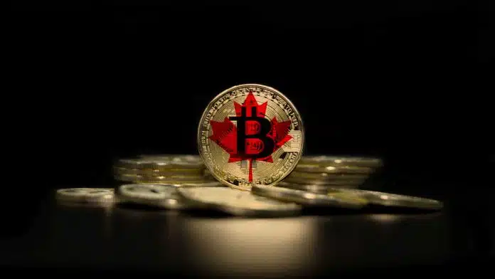 Bandeira do Canadá em moeda de Bitcoin.