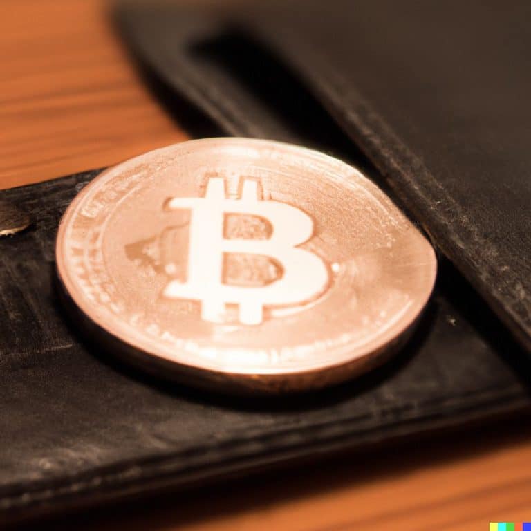 Moeda de bitcoin ao lado de carteira. Fonte: Dall-E.