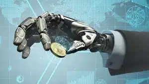 Robô segurando moeda de Bitcoin.