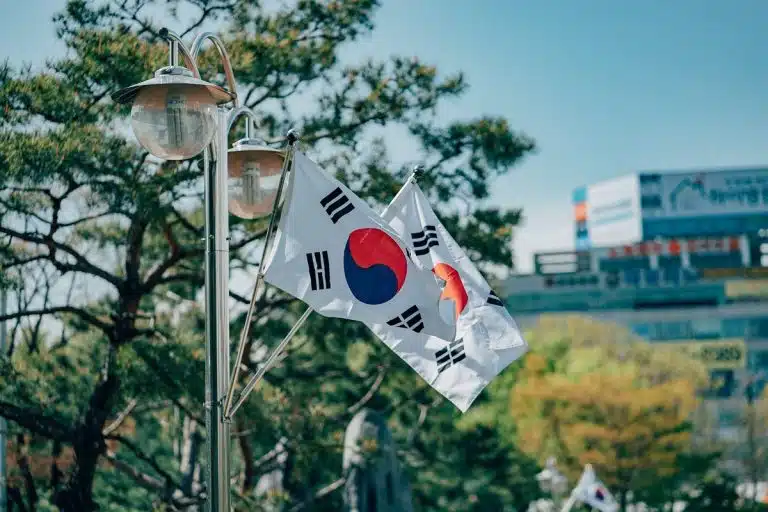 Bandeiras da Coreia do Sul penduradas na rua