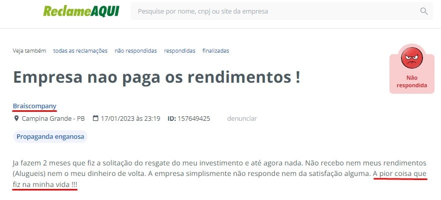 Cliente da Braiscompany se arrepende de investir na empresa que atrasa pagamentos há dois meses