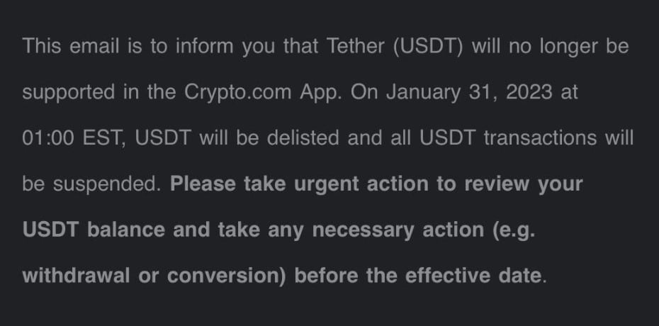 Crypto.com envía un correo electrónico informando la exclusión de USDT