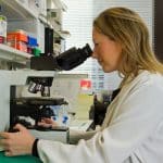 Pesquisadora analisando amostras em laboratório