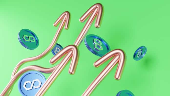 Setas apontando para cima ao lado de criptomoedas Polygon MATIC