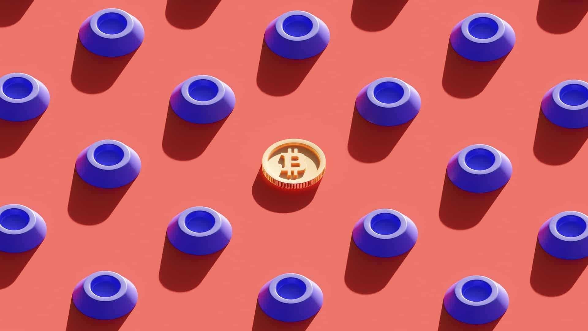 Bitcoin em destaque com fundo vermelho ao lado de peças azuis