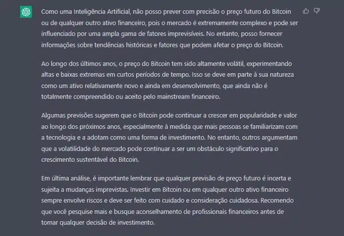 ChatGPT preferiu não fazer uma previsão de preços para o bitcoin, em consulta pelo Livecoins