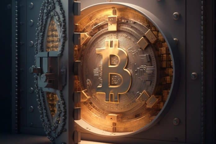 Cofre com imagem do bitcoin dentro