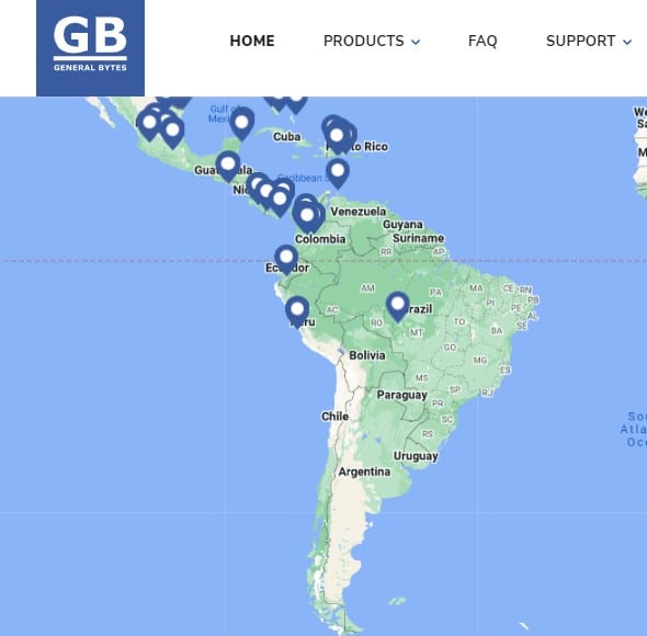 Mapa de General Bytes dice que en Brasil solo en el Estado de Mato Grosso hay un equipo bitcoin