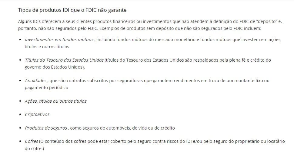 Tipos de produtos financeiros que o FDIC não protege nos EUA, última atualização dos termos ocorreu em 10 de março de 2023