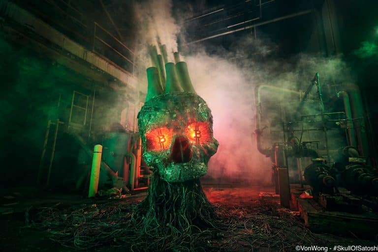 Skull of Satoshi (Caveira de Satoshi), escultura criada por Von Wong e Greenpeace para expor os malefícios da mineração de Bitcoin. Fonte: Von Wong/Reprodução.