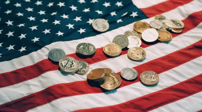 Bandeira dos EUA e moedas de Bitcoin. Midjourney.