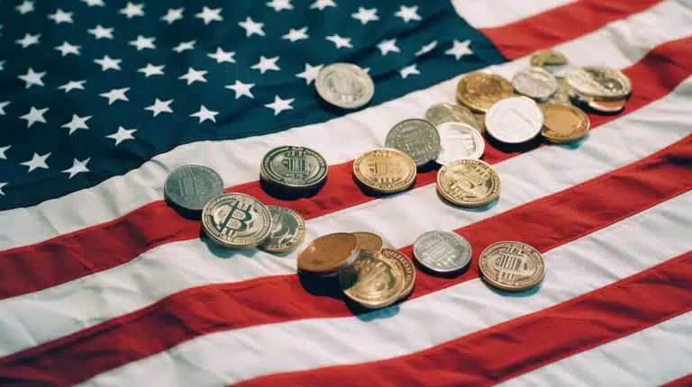 Bandeira dos EUA e moedas de Bitcoin. Midjourney.