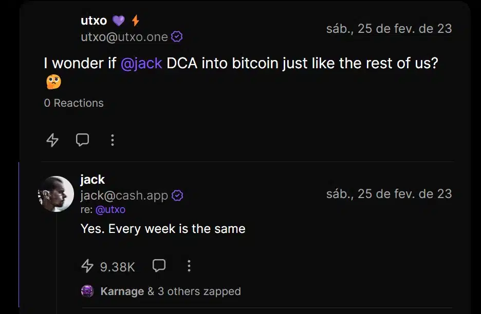 Jack Dorsey usa una red social descentralizada para decir que todavía invierte semanalmente en Bitcoin. Fuente: Nostr.