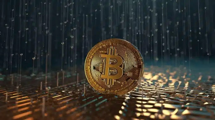 Moeda de Bitcoin na chuva. Midjourney.