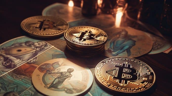 Moedas de bitcoin entre artes. Livecoins/Midjourney.