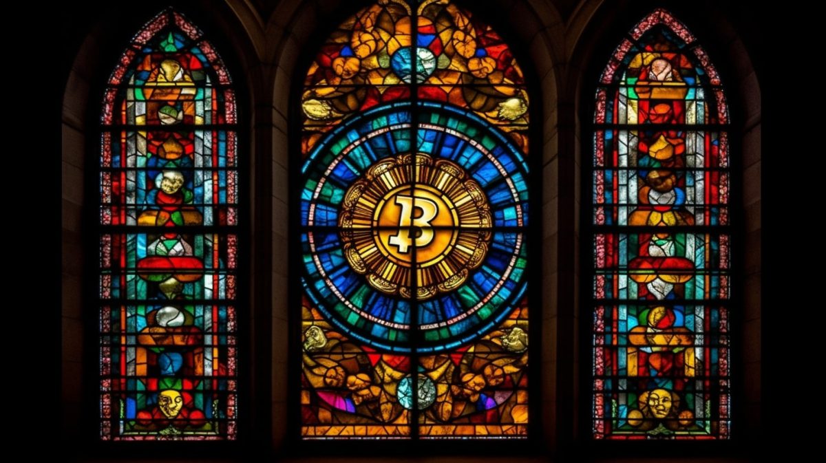 Bitcoin em vitral. Fonte: Midjourney.