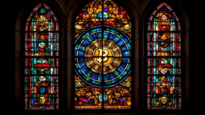 Bitcoin em vitral. Fonte: Midjourney.
