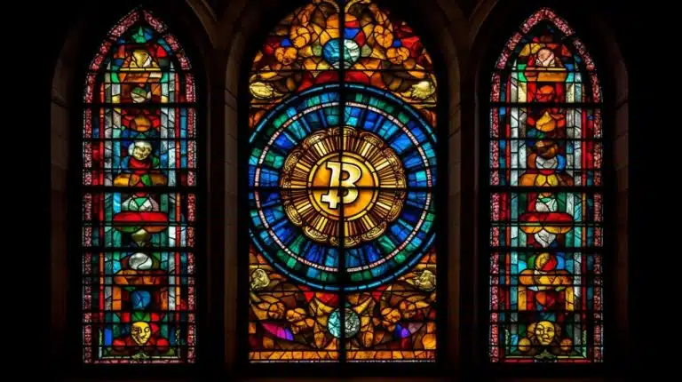 Bitcoin em vitral. Fonte: Midjourney.