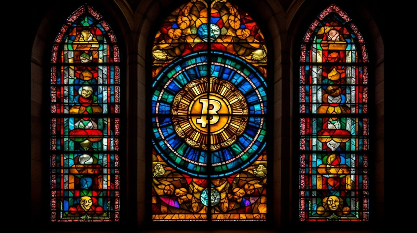 Bitcoin em vitral. Fonte: Midjourney.