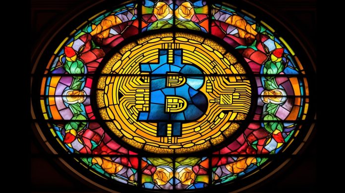 Bitcoin em vitral. Midjourney.