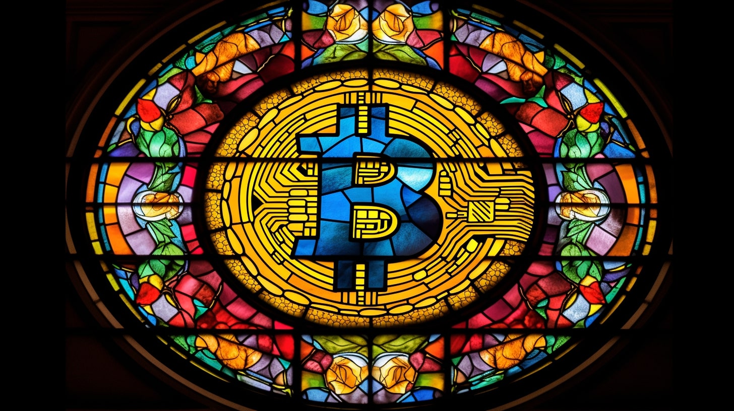 Bitcoin em vitral. Midjourney.