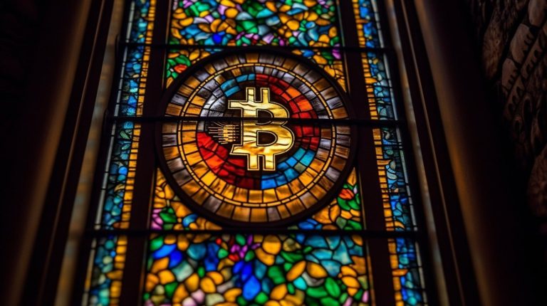 Bitcoin em vitral. Midjourney.