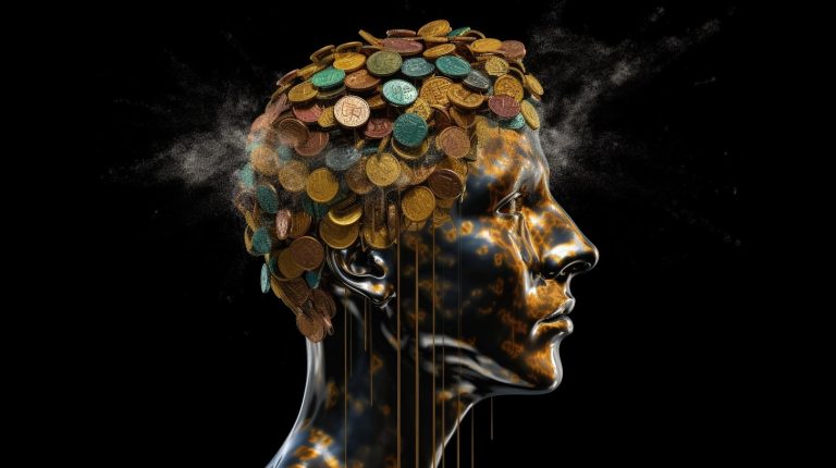 Escultura de cabeça com moedas.