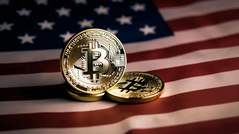 Moedas de Bitcoin sobre bandeira dos EUA. Midjourney.