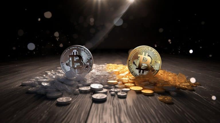Moedas de prata e ouro de Bitcoin. Midjourney.