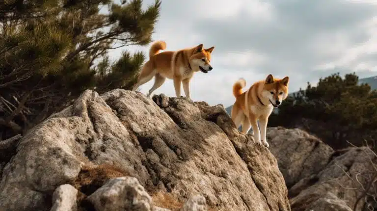 Cães da raça Shiba Inu, mesma que inspirou a criação da Dogecoin. Midjourney.