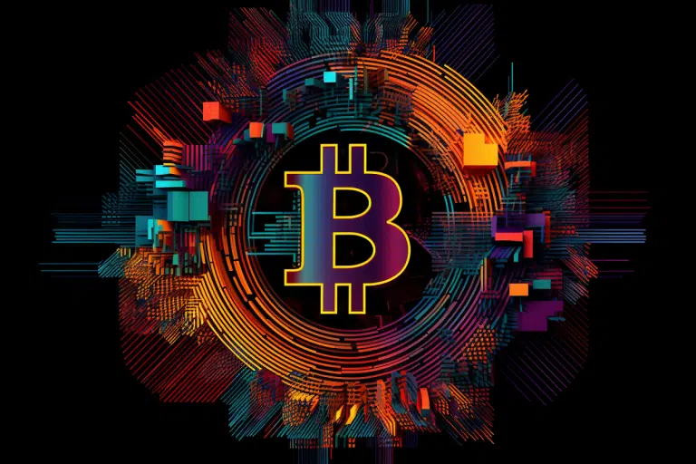 Bitcoin com cores coloridas em volta