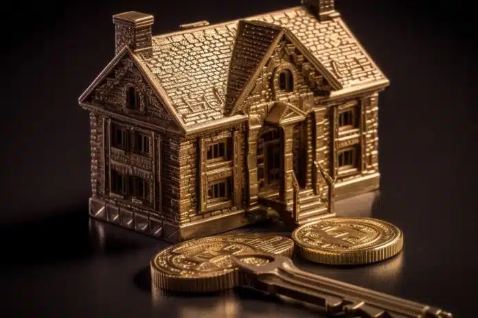 Chave de casa dourada próxima de moeda bitcoin