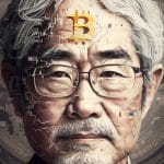 Homem com semblante japonês com símbolo do bitcoin na testa e ao fundo, lembrando Satoshi Nakamoto, criador