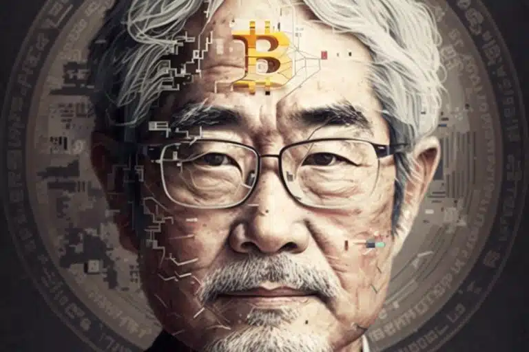 Homem com semblante japonês com símbolo do bitcoin na testa e ao fundo, lembrando Satoshi Nakamoto, criador