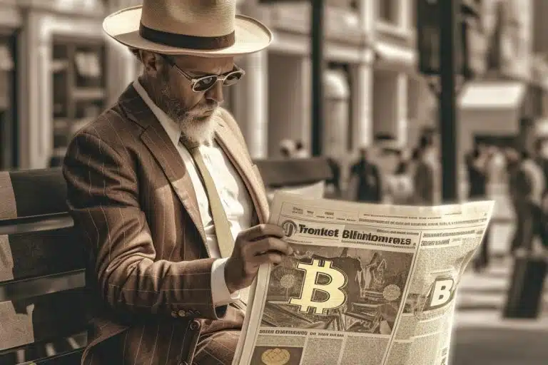 Homem lendo jornal com bitcoin em destaque