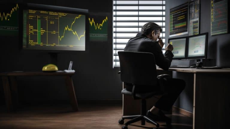 Trader triste em cadeira, sentado próximo de computador com gráficos de criptomoedas na Binance